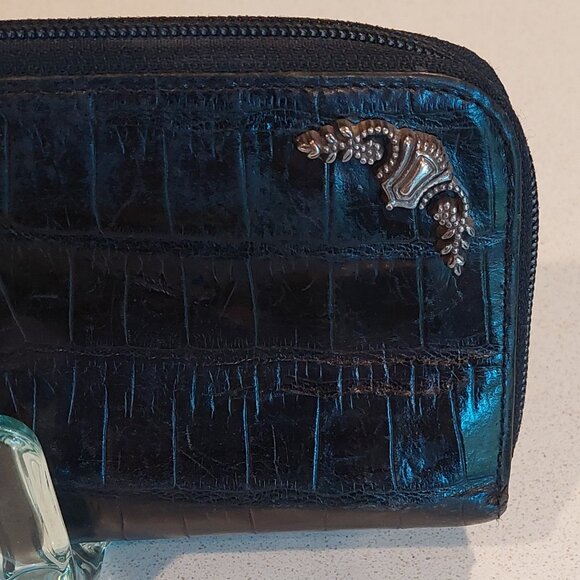Brighton Vintage Black Leather Croc Zip Around Wallet with Silver Embellishments - Picture 5 of 14